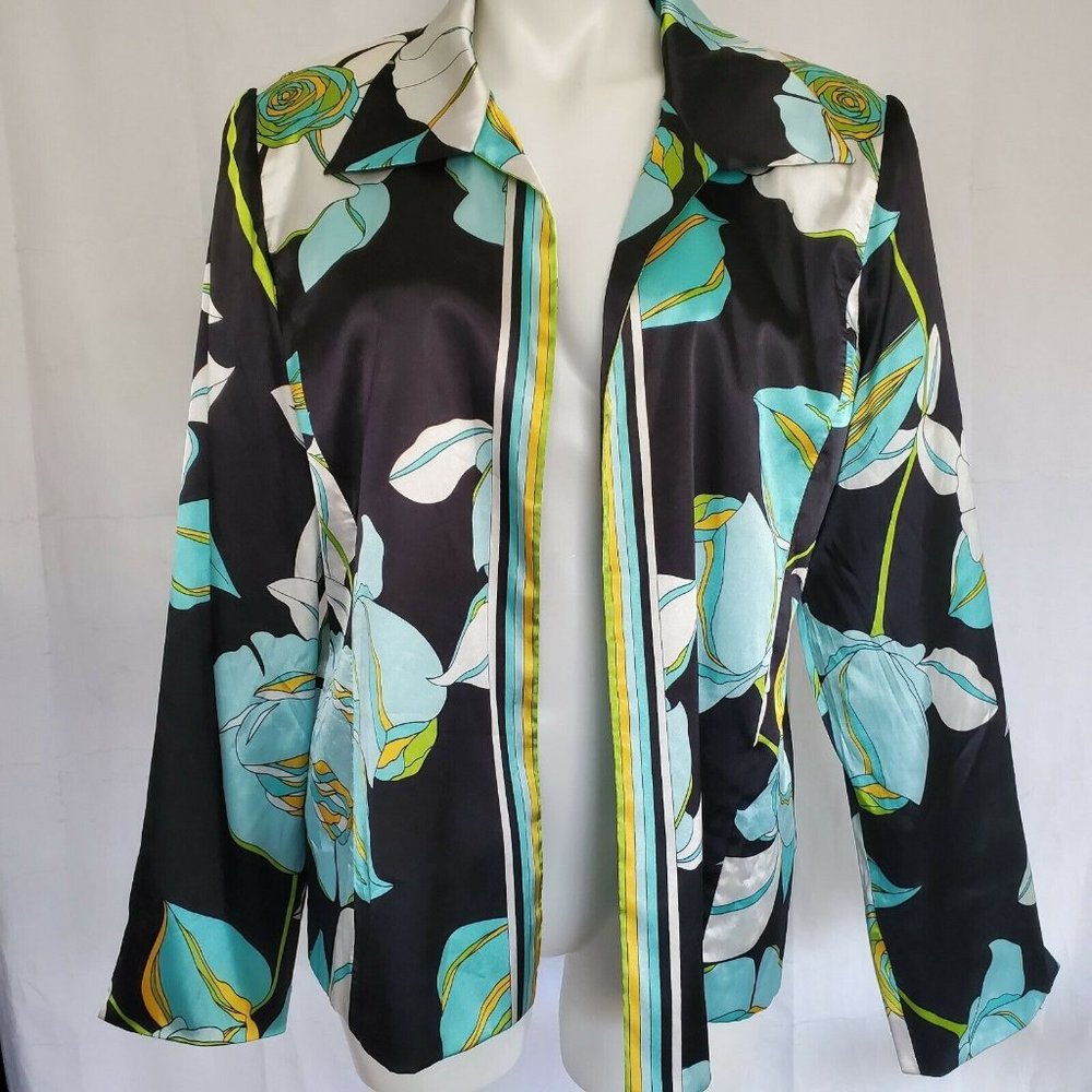 Russell Scott‎ Silk Jacket Black Blue Floral Open Front Long Sleeve Size 14